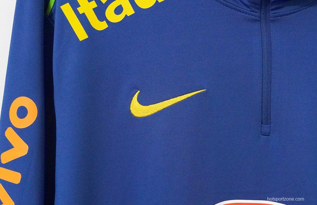 2024 Brazil Navy Blue with Lime Green Long Sleeve Half-Zip Training Top